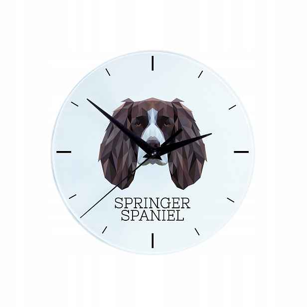 Springer spaniel – anglický skleněný nástěnný hodinový stroj s geometrickým psem
