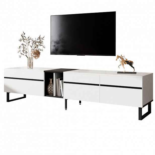 Modfu TV stolek z dřevotřísky 180x38x45 cm bílý s výklopnou přihrádkou, otevřenou policí a nastavitelnými nožkami