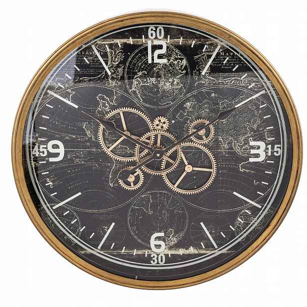 Nástěnné hodiny 60 cm kovové retro ozubená mapa světa loft černá zlatá