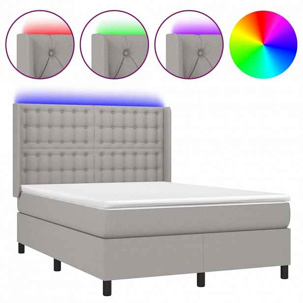 vidaXL Box spring postel s matrací a LED světle šedá 140x200 cm textil