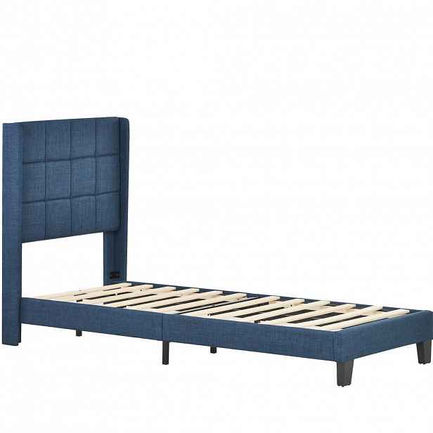 Modfu ČALOUNĚNÁ postel z lnu 90x200 cm modrá s lamelovým roštem, vysokým čelem a pružinovou matrací