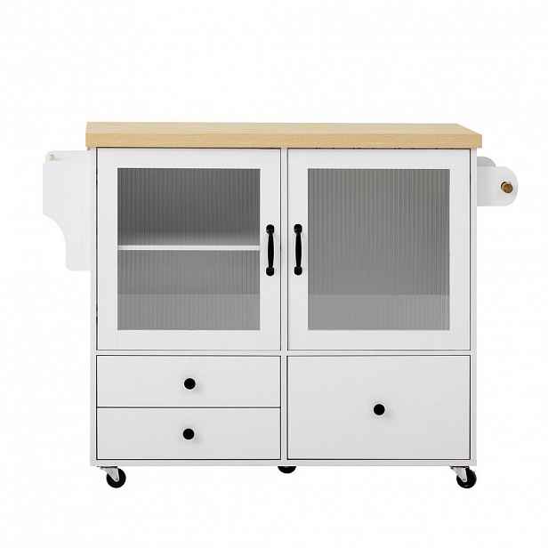 OKWISH KUCHYŇSKÝ ostrůvek 100/42-70/91,5 cm bílá a přírodní z MDF s výsuvnou pracovní deskou a kolečky