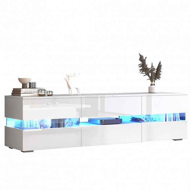 OKWISH TV stolek 160/39/45 cm bílý z dřevotřískové desky s LED osvětlením a push-to-open