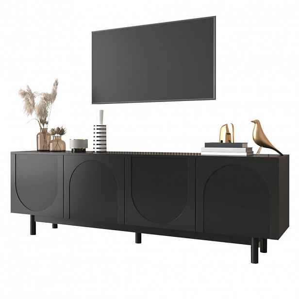 Modfu TV stolek z MDF a dřevotřísky 175x38x56 cm černý se 4 dvířky, Push-to-Open a nastavitelnými policemi