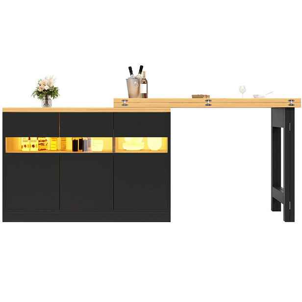 Redom BAROVÝ stůl 120-180/40/71,5 cm s LED osvětlením, otočnou deskou a úložným prostorem, Černá/Přírodní