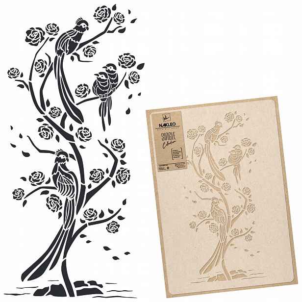 Malířská šablona Vícenásobná L 59x95 cm Čínský Vzor Ptáci Chinoiserie Keř
