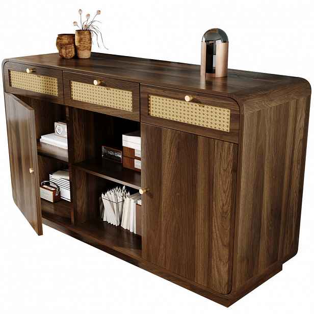 Modfu KOMODA z MDF a dřevotřísky 120x40x85 cm ořechová se 3 zásuvkami, 2 skříňkami a otevřenou policí s ratanem