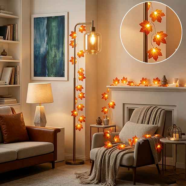 TEMU LED světelné řetězy ve tvaru javorového listu, dekorace na Den díkůvzdání, podzimní dekorace, halloweenská dekorace na schodiště, dekorace na