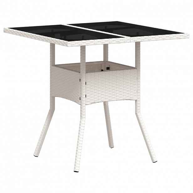 vidaXL Zahradní stůl se skleněnou deskou bílý 80x80x75 cm polyratan