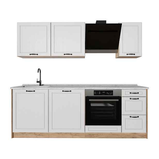 Vicco KUCHYŇSKÝ KOUT R-Line, Bílý venkovský dům/Zlatý mocný dub, 220 cm pracovná doska Mramor