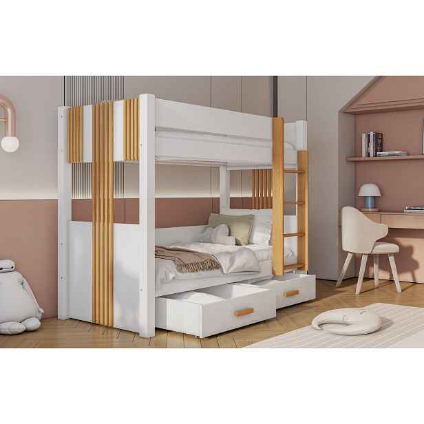 Dvoupatrová postel do dětského pokoje 90x200 ELVA 1 - bílá / buk, pravé provedení