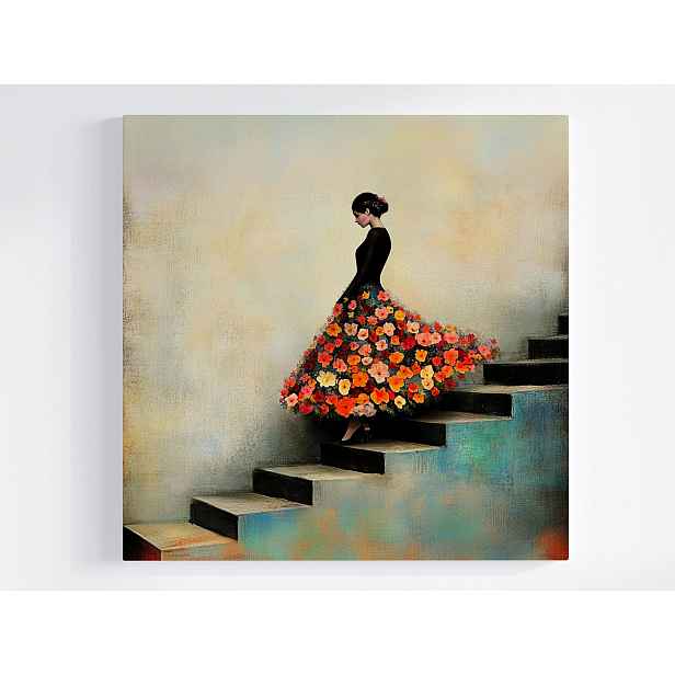 Obraz Na Plátně Canvas Žena V Květinové Sukni Schody Vintage Art 50x50