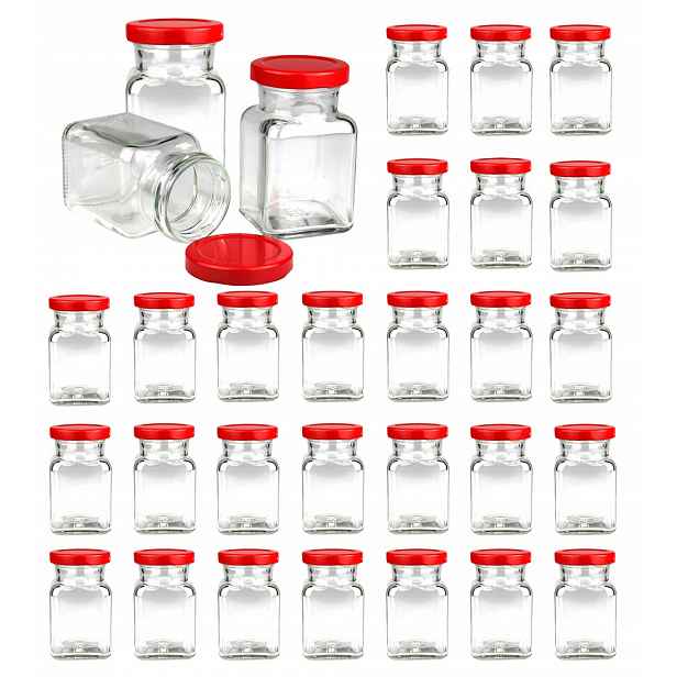 30 x nádobky sklenice na koření 150 ml s červeným uzávěrem fi 53