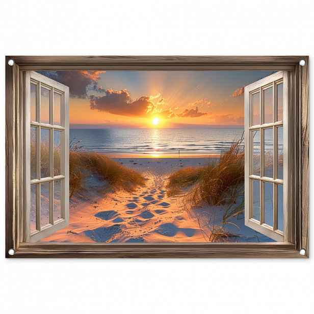 OnlyWow ZAHRADNÍ PLAKÁT Průhled - Pláž - Duny - Západ slunce 90x60 cm