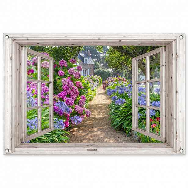 OnlyWow ZAHRADNÍ PLAKÁT Hortenzie - Průhledné - Květiny - Léto - Fialová - Cesta 90x60 cm