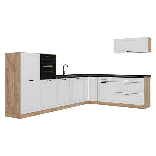 Vicco ROHOVÁ KUCHYŇ R-Line, Bílý venkovský dům/Zlatý mocný dub, 327 x cm pracovná doska antracitová