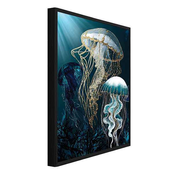 3D Obraz V Rámečku Glamour Medúzy Zlatý Tyrkysový Abstrakce Modrý 120x80