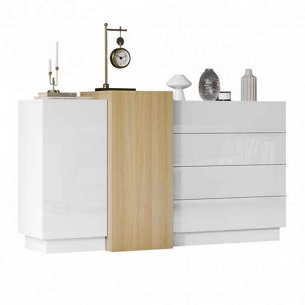 Modfu KOMODA z MDF 140x35x76,5 cm bílá s vysokým leskem, bezúchytkovým otvíráním a 4 zásuvkami