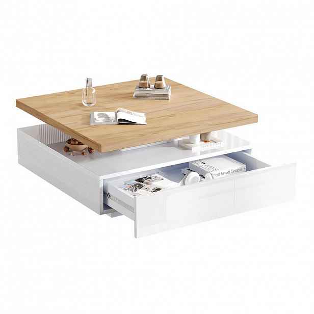 Modfu KONFERENČNÍ stolek z dřevotřísky 70x70x36 cm bílý/ořechový s 360° otočnou deskou, zásuvkou a úložným prostorem
