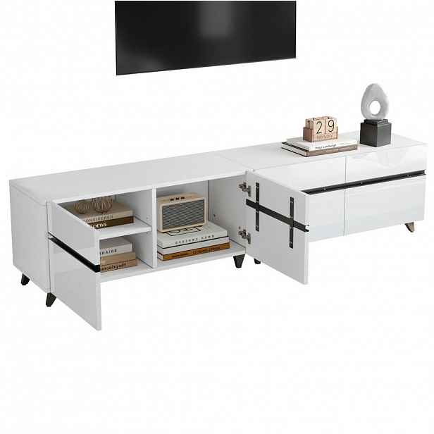 Modfu TV stolek z MDF 180x40x49 cm bílý s černými liniemi, se 4 skříňkami a nastavitelnými příčkami