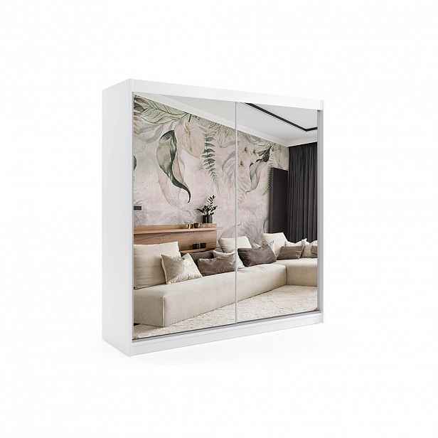 ALTDECOR ŠATNÍ SKŘÍŇ s zrcadlovými posuvnými dveřmi a hliníkovými lamelami – DEBI – 200 cm bílá