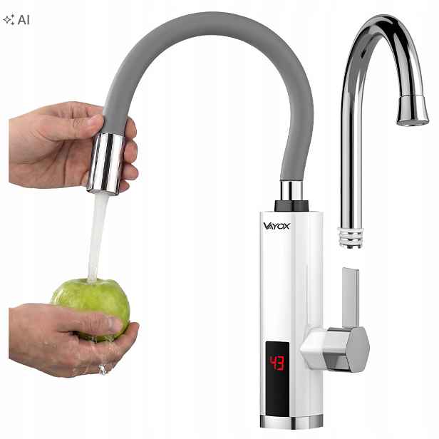 Elektrický Průtokový Ohřívač Vody 3 kW Flexibilní Výtok Šedý Vayox