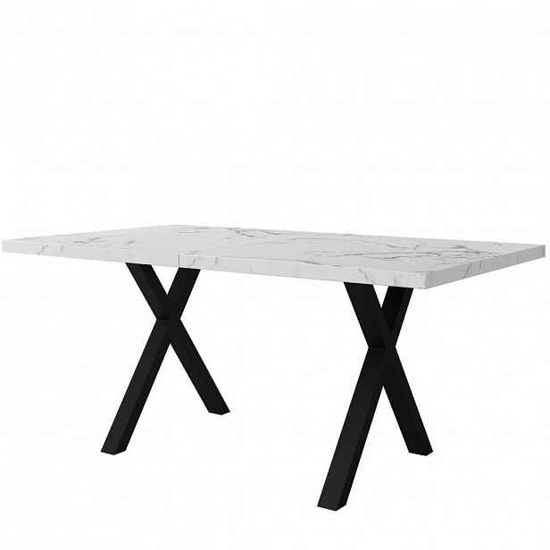 Modfu JÍDELNÍ stůl z MDF a oceli 140x80x76 cm bílý mramorový dekor a černá s křížovou podnoží a všestranným využitím