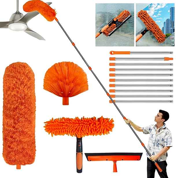 Teleskopický Mop Se 4 Čisticími Hlavicemi Pro Vysoké Stropy, Oranžový