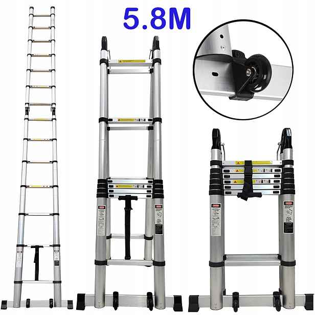 Hliníkový teleskopický žebřík rámový A 5,8 m 150 kg kloubový 2x7 s kolečky