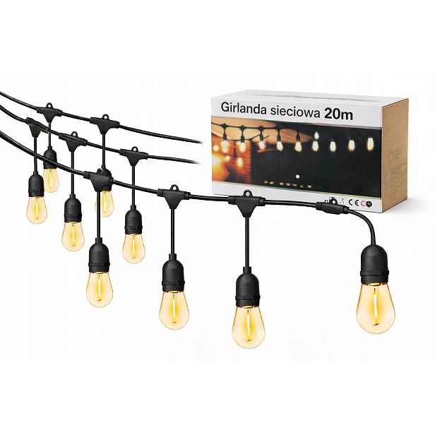 Venkovní síťová zahradní girlanda na zahradu, kabel 20 m, 20xE27 Led