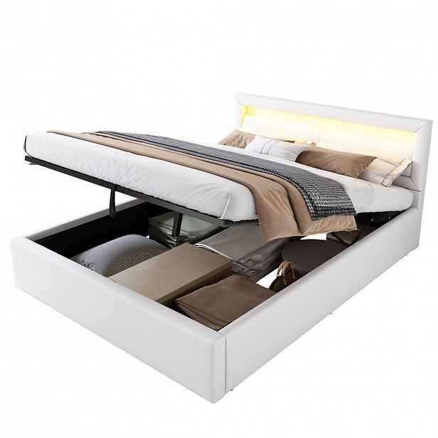 OKWISH ČALOUNĚNÁ postel 140/200 cm bílá z PU s LED osvětlením a úložným prostorem