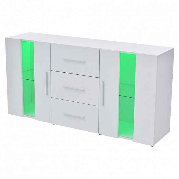 Modfu KOMODA z MDF 140x35x70 cm bílá s LED osvětlením, USB napájením a úložným prostorem
