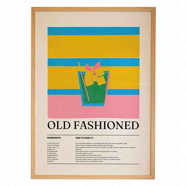 Plakát Old Fashioned A3 Obraz Drink Bar Kuchyně Rámeček Dřevěný 30x42 cm