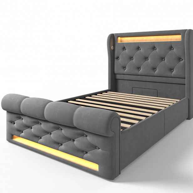 Modfu ČALOUNĚNÁ postel z sametu 90x200 cm šedá s LED osvětlením, USB a USB-C nabíjecí stanicí a hydraulickým úložným prostorem