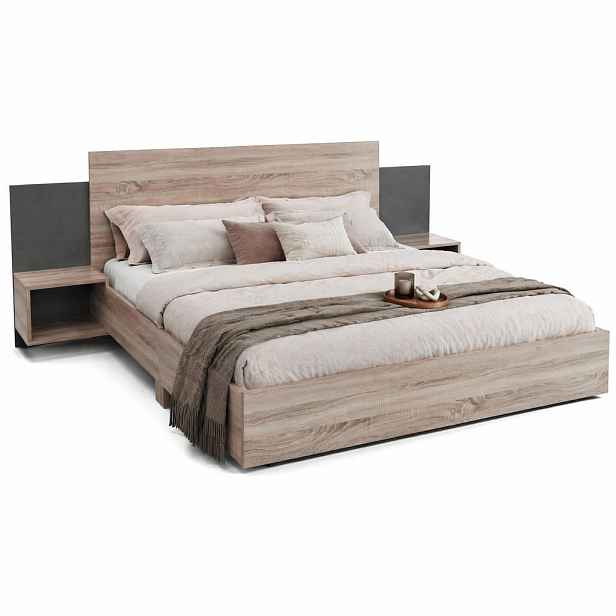 STILVORA POSTELOVÁ SESTAVA 160 × 200 cm, dub Sonoma a tmavě šedá, masivní dřevo, 2 noční stolky, moderní design