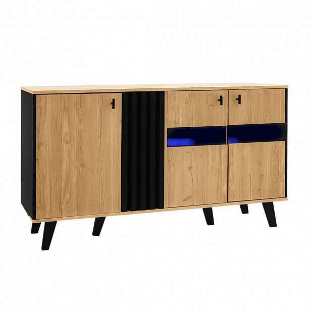 Modfu KOMODA z dřevotřísky a skla 140x78,5x41 cm přírodní a černá se 3 dvířky, policemi a LED osvětlením