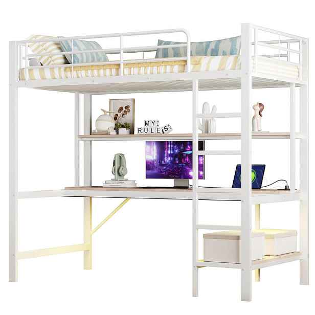 Modenvie VYSOKÁ postel 90/200 cm z kovu a MDF v bílé barvě s psacím stolem a LED osvětlením
