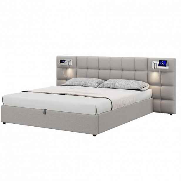 Modfu ČALOUNĚNÁ postel z lnu 180x200 cm šedá s USB portem, bezdrátovým nabíjením, osvětlením a hydraulickým úložným prostorem