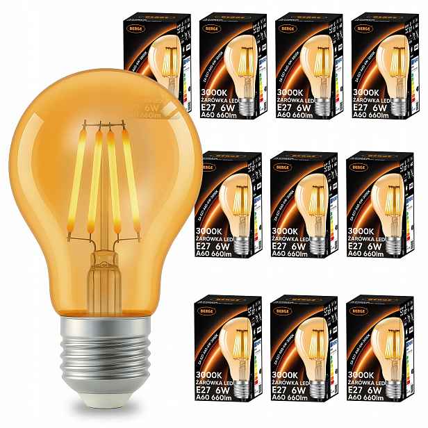 Led žárovka E27 A60 6W 50W 660lm 3000K Teplá filamentová Amber sada 10x