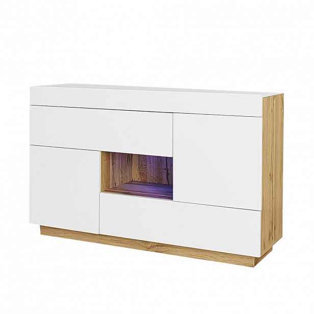 Modfu KOMODA z dřevotřísky 120x76,5x37 cm bílá s LED osvětlením, 2 zásuvkami, 2 dvířky a otevřenou přihrádkou
