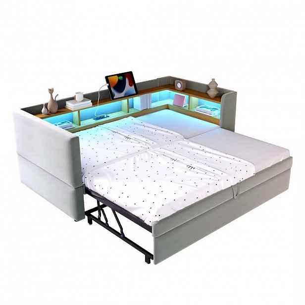 Modfu ROZKLÁDACÍ pohovka z flanelu 90x190 cm světle šedá s LED osvětlením, zásuvkou a úložnými policemi