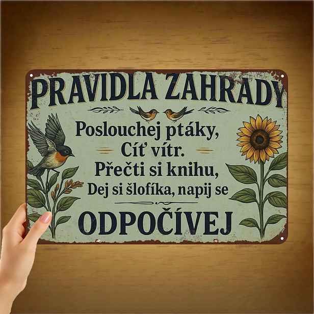 TEMU 2D plochá 1ks, "Relaxační zahradní pravidla Kovová nástěnná dekorace – Vintage styl s slunečnice a ptáků" 8×12 palců
