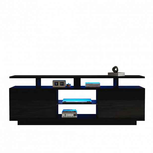 Modfu TV stolek z dřevotřísky 140x35x55 cm černý s LED osvětlením ovládaným aplikací a lesklými dvířky