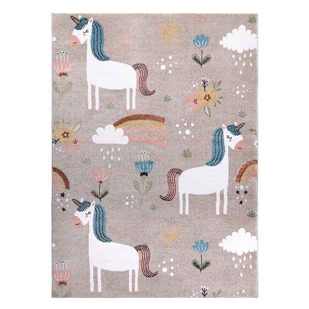 Dětský kusový koberec Fun Unicorn with rainbow beige, 80x150, béžová, dětský pokoj, Dywany Łuszczów