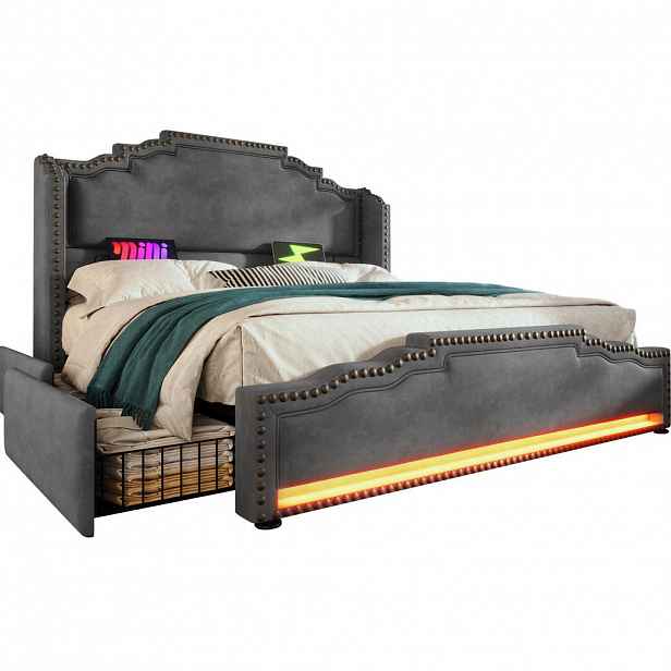 Modfu ČALOUNĚNÁ postel ze sametu 140x200 cm šedá s LED osvětlením, USB-C a 4 zásuvkami, s roštem