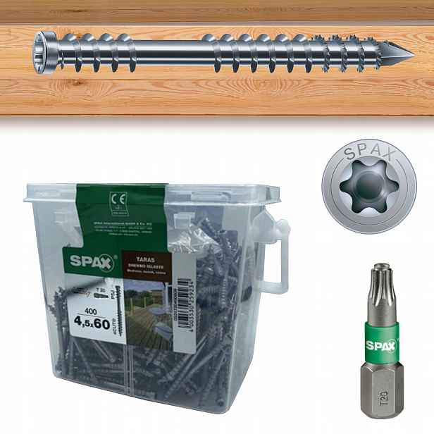Šrouby 4,5x60mm pro terasovou desku Spax Terasa C4 stříbrné 400ks+Bit