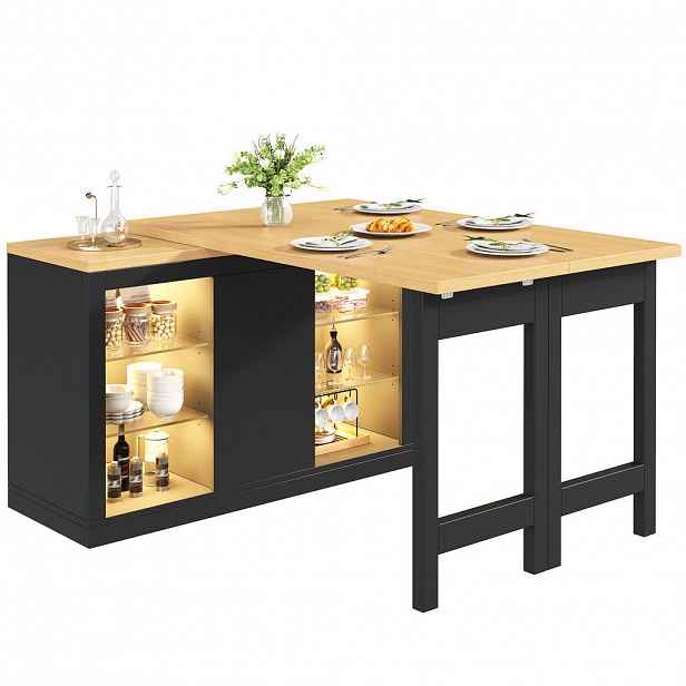 STILVORA KUCHYŇSKÝ OSTROV v černé barvě s LED osvětlením a rozkládací deskou do kuchyně a jídelny, Š120/H40/V72 cm