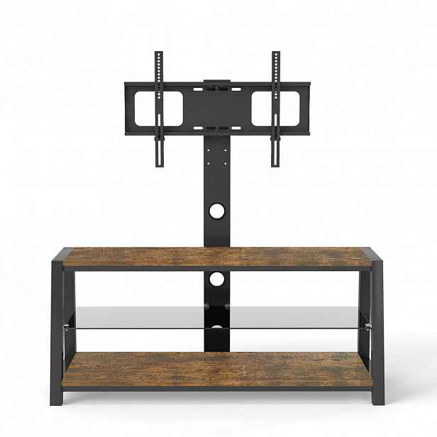 Modfu TV stolek z MDF, kovu a skla 116x125x42 cm hnědý s výškově nastavitelným a otočným držákem, vedením kabelů