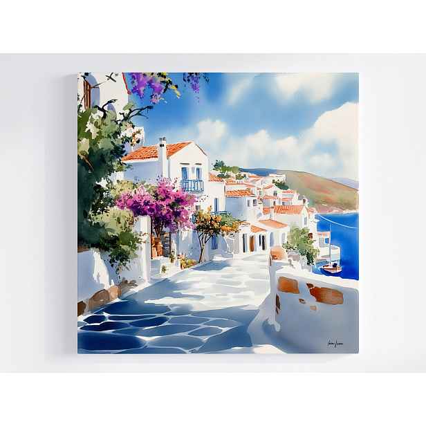 Obraz Na Plátně Canvas Řecko Ulička Santorini Moře Bugenwilla 50x50