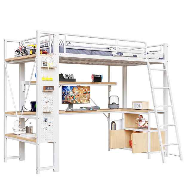 Modenvie VYSOKÁ postel 90/200 cm z kovu a MDF, bílá, s psacím stolem, LED a USB